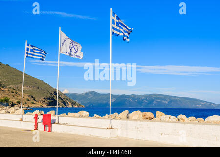 Greek flags in Agia Efimia port, Kefalonia island, Greece Stock Photo