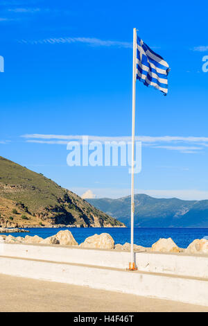 Greek flag in Agia Efimia port, Kefalonia island, Greece Stock Photo