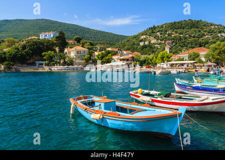 Colorful Greek fishing boats in port of Kioni on Ithaka island, Greece Stock Photo