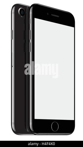 Vector illustration of Jet Black iPhone 7 on white background. Devices displaying blank screen. Stock Vector