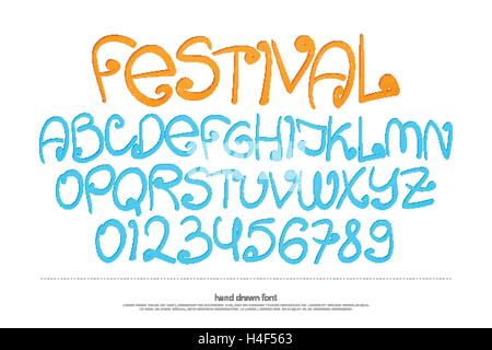 set of comic alphabet letters and numbers isolated on white background. vector contemporary, kids font type. modern calligraphy Stock Vector
