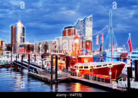 Red Fire Patrol Boat in Marina of Hamburg - Neon Color Effect - like Painted with Light Stock Photo