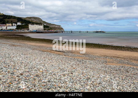 Looking towards The Great Orme and Llandudno Pier along the beach Stock Photo