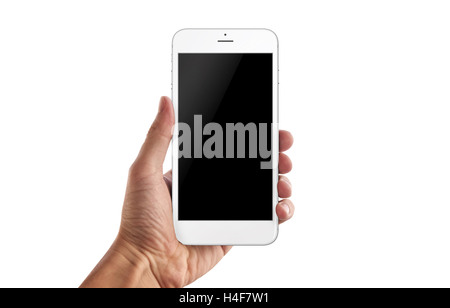Man holding smart phone. Isolated background. Stock Photo