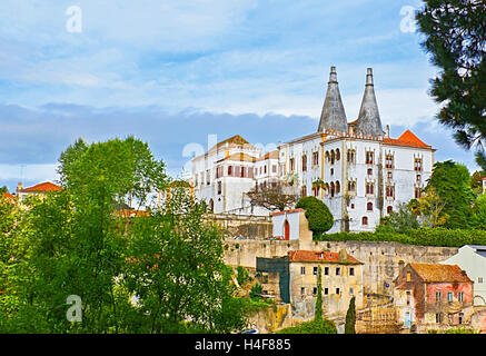 The Sintra National Palace, also called Town Palace is located in the town of Sintra, in Portugal near Lisbon. Stock Photo