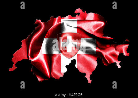 Map Of Switzerland And Flag On Black Background Stock Photo