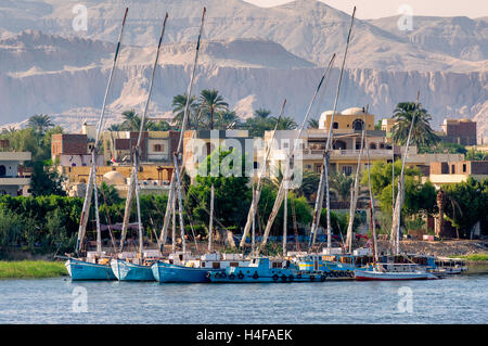 Feluccas moored on the bank of the River Nile in Egypt Stock Photo