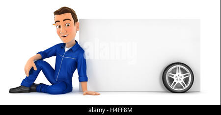 3d mechanic sitting next to blank wall, illustration with isolated white background Stock Photo