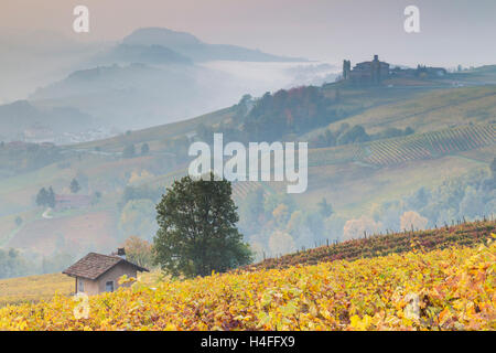 Sunrise from La Morra towards Barolo, Langhe, Cuneo district, Piedmont, Italy. Stock Photo
