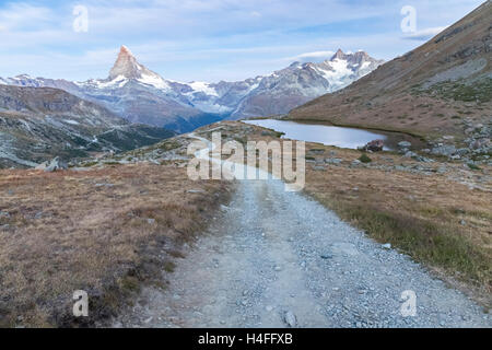Trail in front of Matterhorn, near Stellisee Lake, Zermatt, Switzerland. Stock Photo