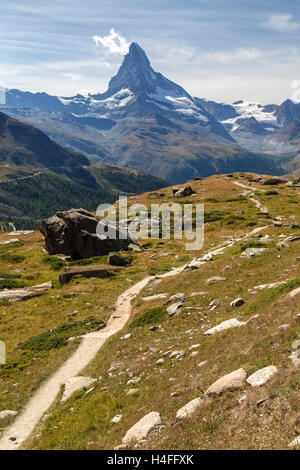 Mountain trail in front of the Matterhorn, Zermatt, Switzerland. Stock Photo