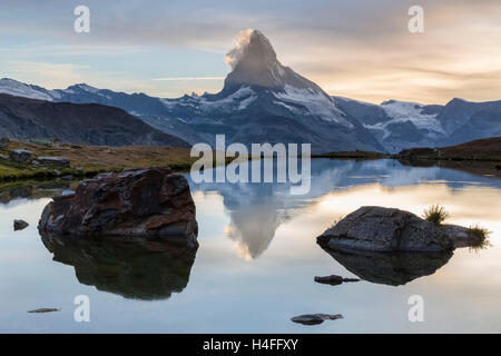 Matterhorn reflection on Stellisee Lake, Zermatt, Switzerland. Stock Photo