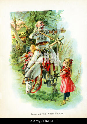 This illustration of Alice and the White Knight is from 'Through the Looking-Glass and What Alice Found There' by Lewis Carroll (Charles Lutwidge Dodgson), who wrote this novel in 1871 as a sequel to 'Alice's Adventures in Wonderland.' The White Knight is a fictional character that Alice meets in the garden. He is based on a chess player. It is the White Knight who rescues Alice from the Red Knight and he escorts her to the eighth square of the chess board, where the Red Queen said she would make Alice a queen if she reached it. Stock Photo