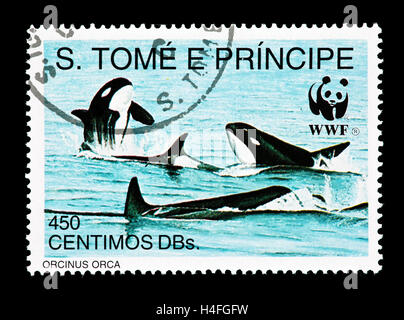 Postage stamp from St. Thomas and Prince Islands depicting killer whales (Orcinus orca) Stock Photo