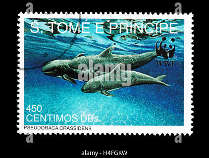 Postage stamp from St. Thomas and Prince Islands depicting false killer whales (Pseudorca crassidens) Stock Photo