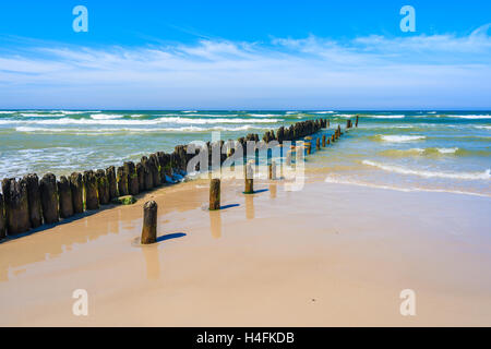 A view of beautiful beach with breakwaters in Debki village, Baltic Sea, Poland Stock Photo