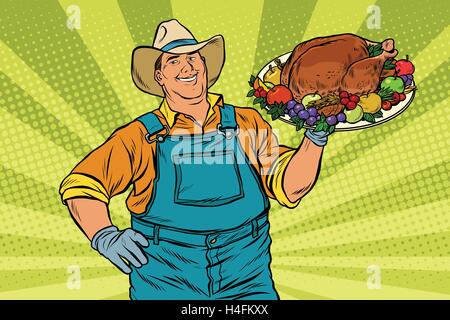 Rural farmer and roast Turkey Stock Vector