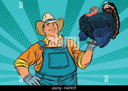 Rural retro farmer with a beautiful living Turkey Stock Vector