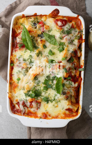 Pasta baked in baking dish, food top view Stock Photo