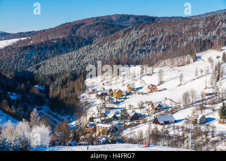 View of Wierchomla village from ski slope, Beskid Sadecki Mountains, Poland Stock Photo