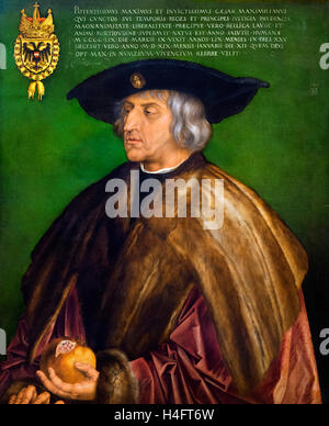 Maximilian I (1459-1519), King of the Romans (also known as King of the Germans) from 1486 and Holy Roman Emperor from 1493 until his death. Portrait by Albrecht Dürer, oil on wood, 1519. Stock Photo