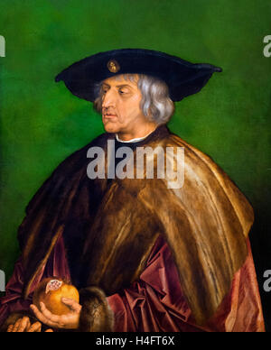 Maximilian I (1459-1519), King of the Romans (also known as King of the Germans) from 1486 and Holy Roman Emperor from 1493 until his death. Portrait by Albrecht Dürer, oil on wood, 1519. Stock Photo