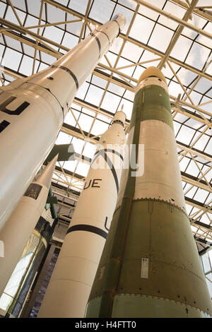 Upward view of rockets and missiles at the Smithsonian's National Air and Space Museum in Washington, DC Stock Photo