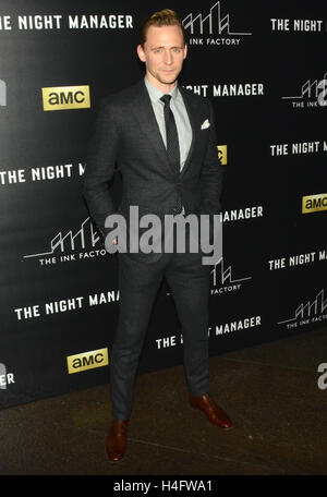 Tom Hiddleston arrives for the Premiere Of AMC's 'The Night Manager' held at DGA Theater on April 5, 2016 in Los Angeles, California. Stock Photo