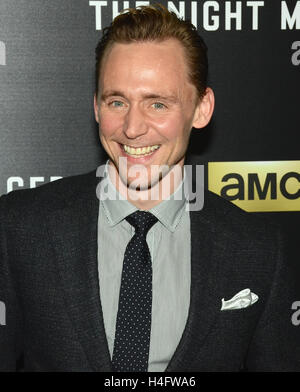 Tom Hiddleston arrives for the Premiere Of AMC's 'The Night Manager' held at DGA Theater on April 5, 2016 in Los Angeles, California. Stock Photo