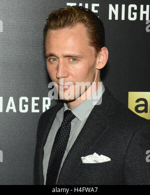 Tom Hiddleston arrives for the Premiere Of AMC's 'The Night Manager' held at DGA Theater on April 5, 2016 in Los Angeles, California. Stock Photo