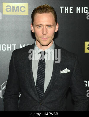 Tom Hiddleston arrives for the Premiere Of AMC's 'The Night Manager' held at DGA Theater on April 5, 2016 in Los Angeles, California. Stock Photo