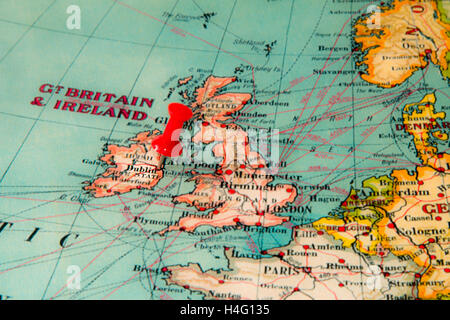 Dublin, Ireland pinned on vintage map of Europe Stock Photo