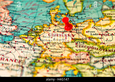 Berlin, Germany pinned on vintage map of Europe Stock Photo