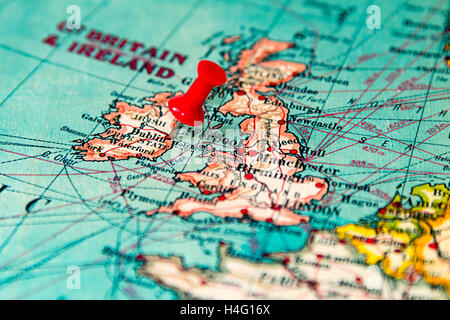 Dublin, Ireland pinned on vintage map of Europe Stock Photo