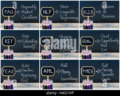 Photo collage of business acronyms written with chalk on wooden mini blackboard labels and chalkboard background. Stock Photo