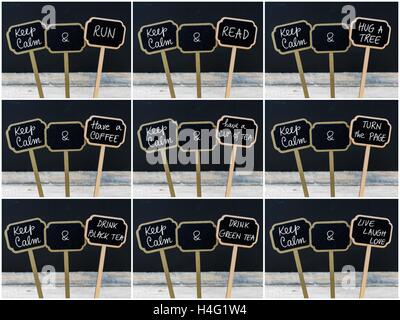 Photo collage of Keep Calm messages written with chalk on mini blackboard labels Stock Photo