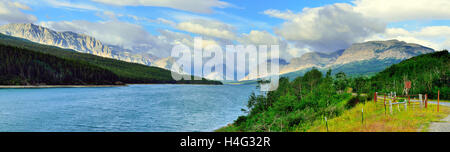 panoramic view of the Sherburne lake in Glacier National Park in summer Stock Photo