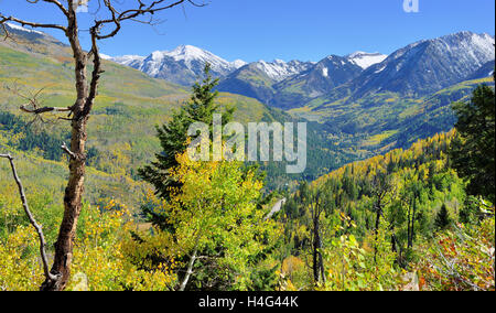 view of the snow covered Mt Sopris during foliage season in Colorado Stock Photo