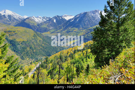 view of the snow covered Mt Sopris during foliage season in Colorado Stock Photo