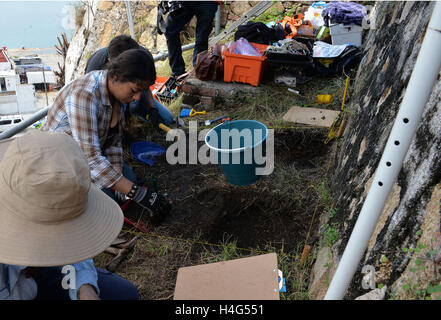 (161015) -- ACAPULCO (MEXICO), Oct. 15, 2016 (Xinhua) -- Photo taken on Oct. 6, 2016, shows archaeologists working on the discovery site of antique Chinese porcelain fragments in the city of Acapulco, Mexico. A new archaeological find announced on Friday in Mexico attests to China's age-old vocation as an exporting powerhouse. Mexican archaeologists have uncovered thousands of fragments of a 400-year-old shipment of Chinese 'export-quality porcelain' that was long buried in the Pacific Coast port of Acapulco. (Xinhua/Meliton Tapia/INAH) (lr) Stock Photo