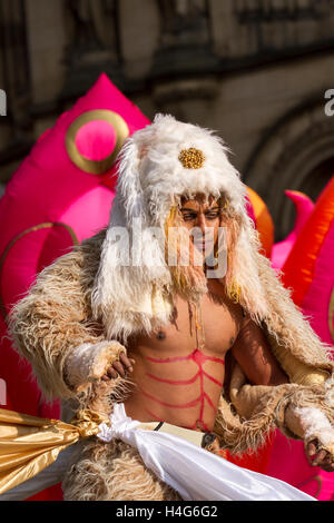 Part human-part monkey, Hanuman, the mighty ape is a central character in the Hindu epic Ramayana, Divine vanara (monkey) companion Zoomorphic characters in Indian mythology at the 11th annual Dashehra Diwali Mela held in Albert Square. This hugely popular festival falls on the 10th day of the waxing moon during the Hindu month of Ashvin.  Lord Ram, the hero of the great Hindu epic, Ramayan, killed the 10-headed demon king Ravan, who had abducted Lord Ram’s wife, Sita. It is believed that Lord Ram’s brother Lakshman, along with an army of monkeys, fought a colossal battle that lasted 10 days. Stock Photo