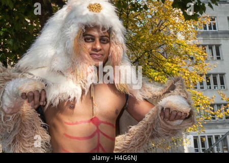 Part human-part monkey, Hanuman, the mighty ape is a central character in the Hindu epic Ramayana, Divine vanara (monkey) companion Zoomorphic characters in Indian mythology at the 11th annual Dashehra Diwali Mela held in Albert Square. This hugely popular festival falls on the 10th day of the waxing moon during the Hindu month of Ashvin.  Lord Ram, the hero of the great Hindu epic, Ramayan, killed the 10-headed demon king Ravan, who had abducted Lord Ram’s wife, Sita. It is believed that Lord Ram’s brother Lakshman, along with an army of monkeys, fought a colossal battle that lasted 10 days. Stock Photo