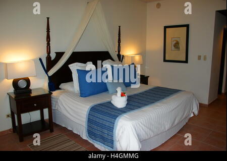 Hotel room in blue tones. Dreams La Romana Resort and Spa. Bayahibe, La Altagracia Province, Dominican Republic, Caribbean Sea. Stock Photo