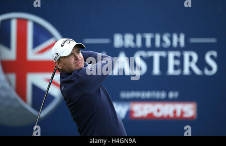 England's James Morrison tees off on the 5th hole during day four of The British Masters at The Grove, Chandler's Cross. Stock Photo