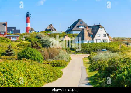 Road to lighthouse in Hornum village on southern coast of Sylt island, Germany