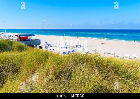 SYLT ISLAND, GERMANY - SEP 9, 2016: view of white sand Kampen beach on Sylt island, Germany. Stock Photo