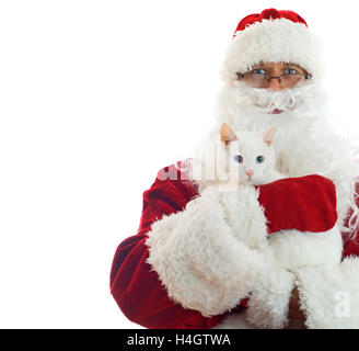 Santa Claus holding white cat. Space Isolated on white background. Stock Photo