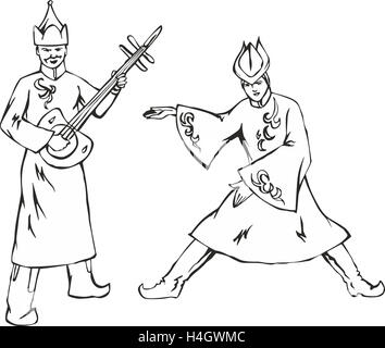 Two man dancers in national Mongolian costumes. Black and white outline vector sketch. Stock Photo