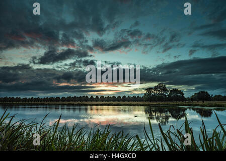 Sunset over a pond in Hampton Court Park, London Stock Photo