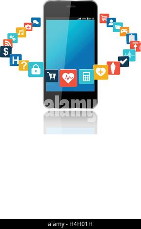 Smart phone with cloud of colorful application icons Stock Vector